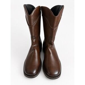 Mens Brown Faux Leather Mid-Calf Western Boots Round Toe Side Zip Size 44
